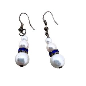 Sterling silver 925 faux tapered pearl royal blue jewel dangle drop earrings